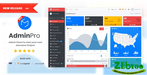 AdminPro - Login + Multi User Management + Codeigniter + Roles & Permission + Bootstrap 4 + AdminLTE zebyoo